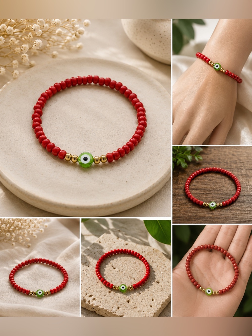 Red Beaded Evil Eye Bracelet with Gold Accents #24
